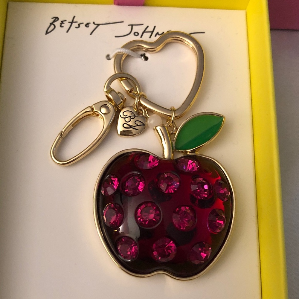 Betsey Johnson Gold Tone & Red Resin Apple & Pink Crystal Bag Charm Keychain NIB